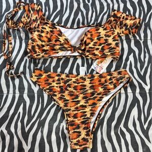 Leopard Print Knot Bikini Set - Orange, Black, Tan NWT size Large